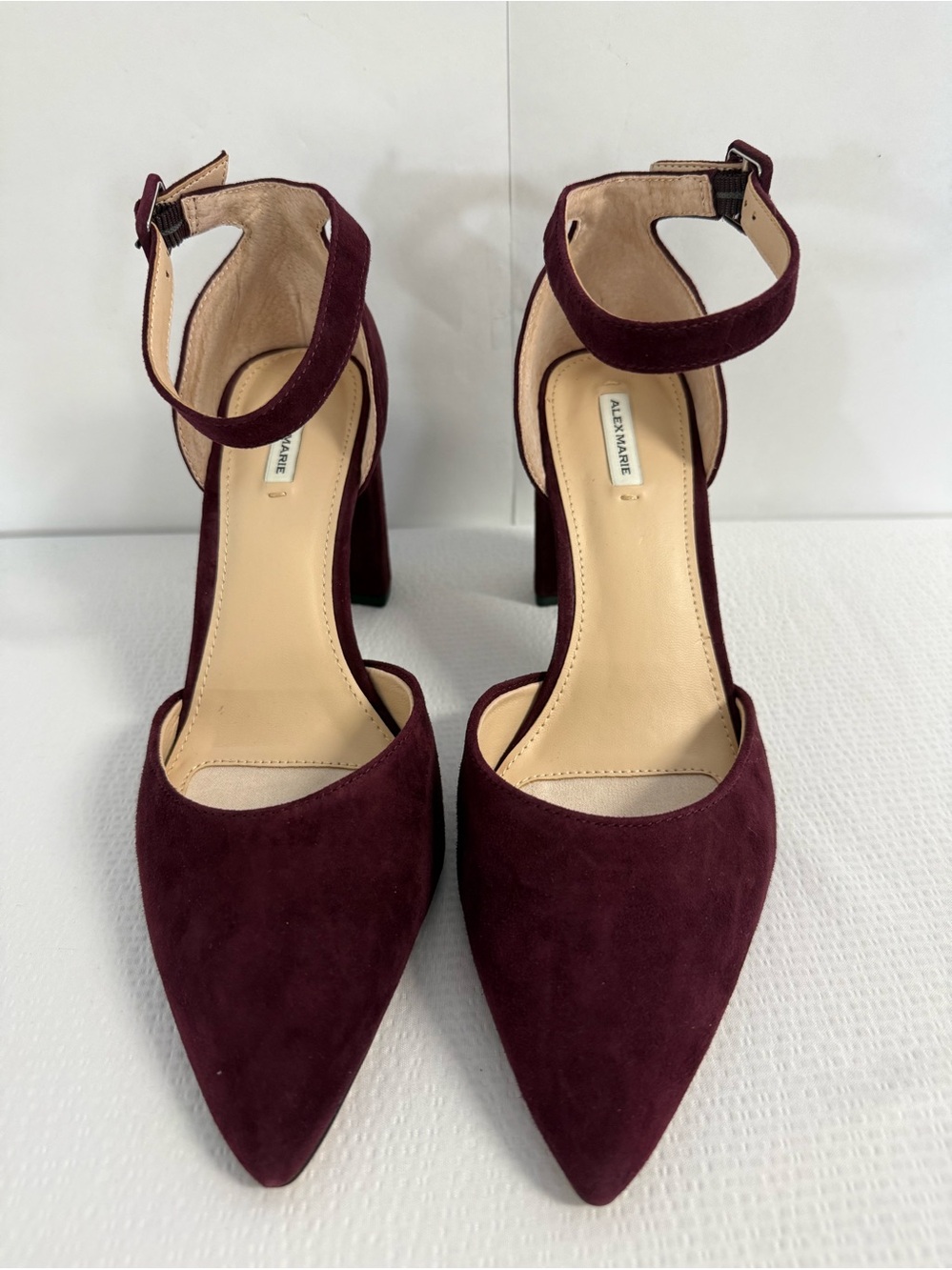 Alex Marie Burgundy Suede Pointed Ankle-Strap Block Heels
